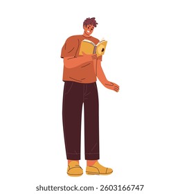 Man reading book or male read literature. Vector illustration of education, study and knowledge. Learning hobby and cognition interest. Student education sign. Library and university people theme.