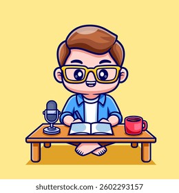 Man Reading Book With Microphone Podcast Cartoon Vector Icon Illustration. People Education Icon Concept Isolated Premium Vector. Flat Cartoon Style