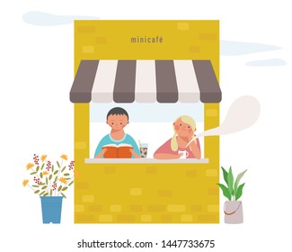 A man reading a book in a mini-cafe and a woman sitting with a relaxed face drink tea. flat design style minimal vector illustration.