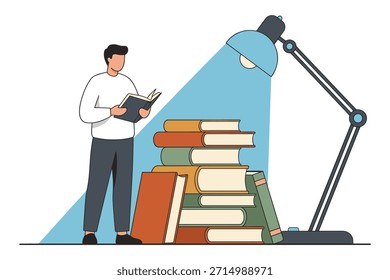 Hombre leyendo libro al lado de la Grande pila de libros. Lámpara de escritorio proporciona luz brillante. Concepto de aprendizaje y conocimiento.