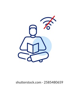 Man reading a book and no wi-fi symbol. Offline library, digital detox mode. Pixel perfect, editable stroke vector icon