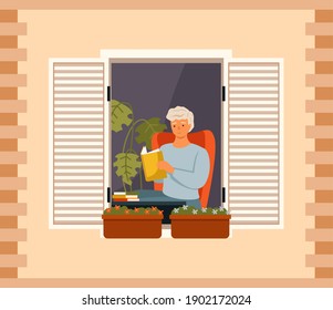 Man is reading book on balcony of his house. Young guy sits in armchair and looks out the window. Male character resting at home. Citizen stays at home, daily life routine, hobby time relaxing