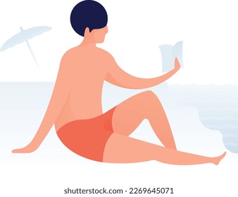 Man Reading Book On Beach Curvy 1 UI Banner Illustration Vector EPS