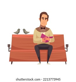 Man reading book on bench in park flat vector illustration
