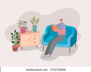 Man reading a book on couch design of Stay at home theme Vector illustration
