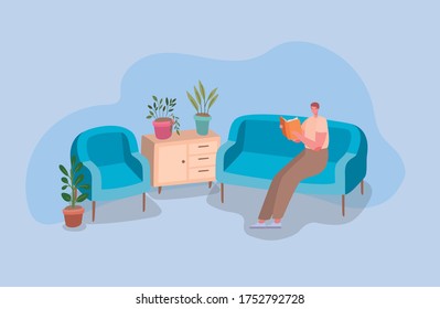 Man reading a book on couch design of Stay at home theme Vector illustration