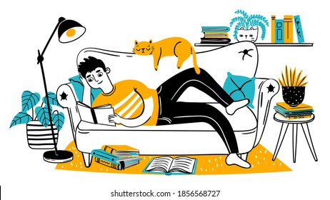 Hombre leyendo un libro en el sofá. Un adulto relajado lee en un sofá con un gato en casa. Lector dibujado a mano disfrutando del hobby. Concepto vectorial de estilo de vida de ocio. Estudio de hombre en sofá con ilustración de libro