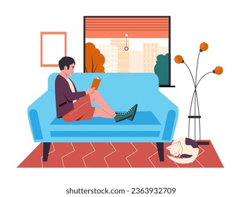 Hombre leyendo un libro en el sofá en casa. Vector de libro de lectura, leída en sofá o sofá, obtener ilustración del conocimiento