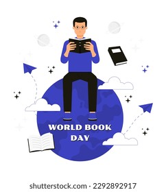 Ein Mann, der ein Buch auf dem Globus liest, mit den Wörtern, die der Welt am Buchtag der Welt