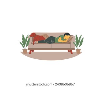 Man reading a book on the sofa at home. Flat vector illustration for animals adoption and fostering