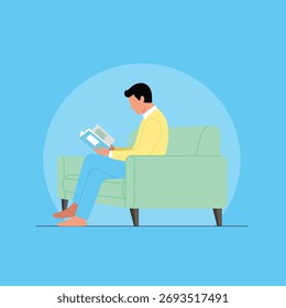 Mann liest ein Buch auf Sofa flache Illustration