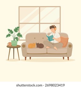 Homem lendo livro no sofá com gatos e fones de ouvido