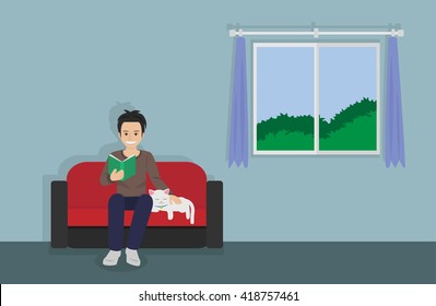a man reading a book on sofa with sleeping cat at home. vector