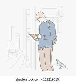 A man was reading a book on the street, and the dove came close. hand drawn style vector design illustrations.