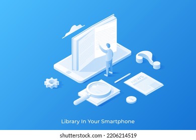 Man reading book on top of smartphone, magnifying glass, newspaper. Concept of mobile application for publications search in electronic library. Modern white isometric vector illustration for poster.