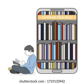 el hombre está leyendo un libro. biblioteca en línea. Libros electrónicos. educación en línea. ilustración vectorial.
