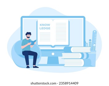 A man reading a book online on a computer screen trending concept flat illustration