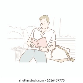 Man reading book outdoors. Guy sitting on a bench in the park reading book. Hand drawn style vector design illustrations.