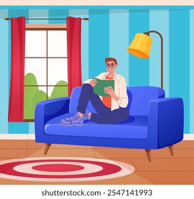 Hombre leyendo un libro. Persona sentada en un cómodo sillón. Tipo sosteniendo un libro de texto de literatura. Muebles acogedores. Interior de la habitación. Sofá suave y lámpara de pie. Relajación en casa. Ocio doméstico. Concepto de Vector