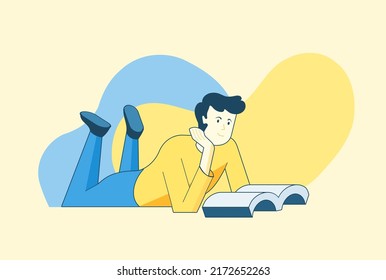 Man Reading a Book in Prone Posture Position Flat Vector Illustration