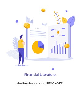 Man reading book or publication with charts and graphs. Concept of financial literature, academic or scholarly journal in economics and business. Modern flat vector illustration for poster, banner.