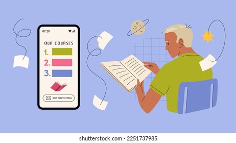 Man reading book. Rear view. Vector illustrations of man and mobile phone with online course screen. Cartoon education banner template. Editable stroke.