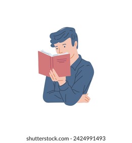 Man reading book with red cover flat style, vector illustration isolated on white background. Decorative design element, education and leisure, clever male character