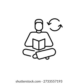 Man reading a book and refresh arrows. Learning update, book refresh, study renewal. Pixel perfect, editable stroke vector icon