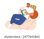 Man reading book, relaxing, lying at home. Happy male character enjoying interesting literature, novel, resting on sofa at leisure time. Flat vector illustration isolated on white background