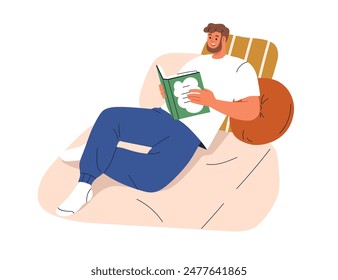 Mann liest Buch, entspannt, liegt zu Hause. Glückliche männliche Figur, die interessante Literatur, Roman genießt, ruht auf dem Sofa in der Freizeit. Flache Vektorillustration isoliert auf weißem Hintergrund