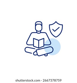Homem lendo um livro, escudo e marca de seleção. Conhecimento protegido, padrões educacionais certificados, recursos de aprendizagem seguros. Pixel perfeito, ícone de vetor de traçado editável