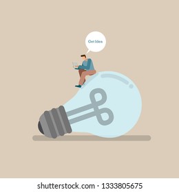 A man reading book and sit on idea lamp
