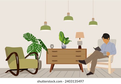 Man reading book, sitting in armchair vector.