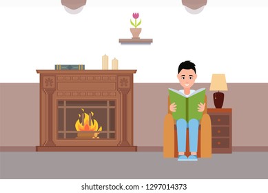 Man reading book sitting by fireplace at home vector, Relaxing atmosphere of house with armchair, table and lamp glowing. Warmth and comfort for people