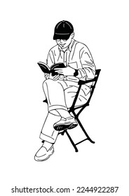 man reading a book sitting in a chair person lifestyle hand drawn line art illustration