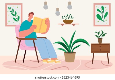 Man reading a book sitting in a chair. Cozy scene in the living room. Home interior paintings, furniture, indoor flowers, carpet on the floor. Vector illustration