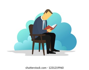 Man reading book sitting on chair. eBook reader. Electronic book Library information.