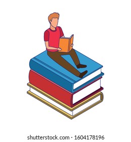 man reading a book sitting on books stack over white background, vector illustration