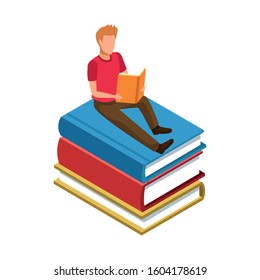man reading a book sitting on books stack over white background, vector illustration