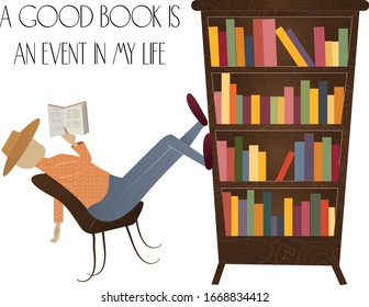A man is reading a book sitting on a chair with his legs leaning on a bookcase with colorful books. Vector illustration.