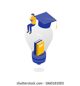Hombre leyendo un libro sentado sobre una bombilla. concepto de educación. ilustración vectorial.