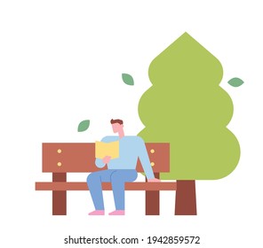 A man is reading a book sitting on a park bench under a tree. flat design style minimal vector illustration.