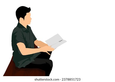 a man is reading a book sitting on a wooden bench on a white background