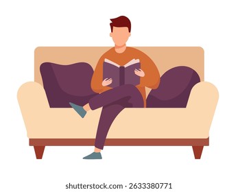 Mann liest Buch, sitzt auf dem Sofa. Flacher Vektorclipart, Illustration mit isoliertem Hintergrund.