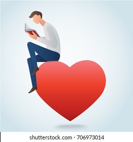 man reading book and sitting on the red heart vector illustration