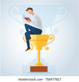 man reading book and sitting on the gold trophy vector illustration