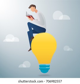 man reading book sitting on light bulb vector illustration
