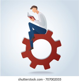 man reading book sitting on gears icon vector illustration