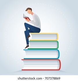 man reading book sitting on many books vector illustration