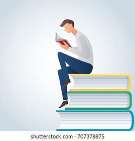 man reading book sitting on many books vector illustration